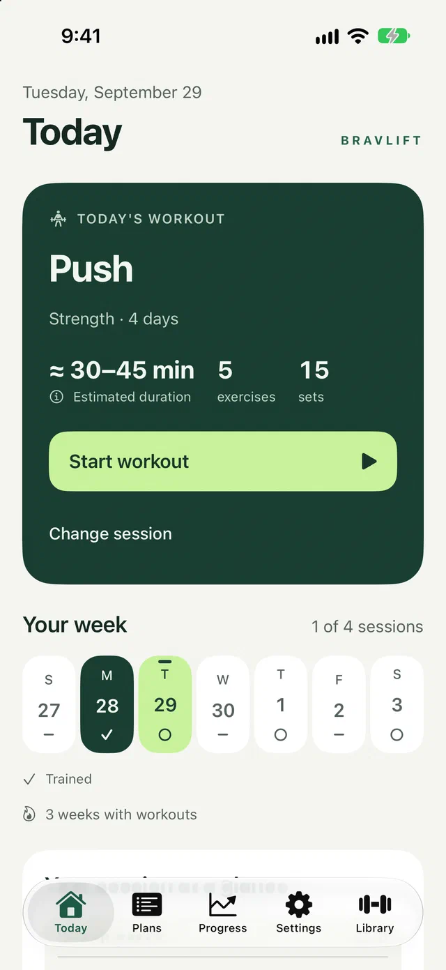 The Today screen, with a push workout ready to start and the week at a glance.