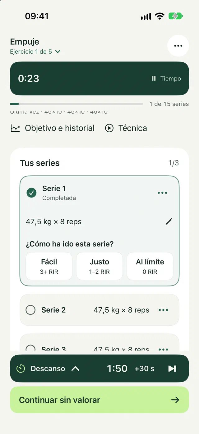 El descanso en la app, con la valoración de la serie: fácil, justo o al límite.