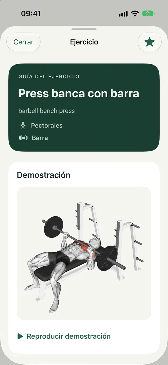 La ficha de un ejercicio con su demostración animada y los músculos que trabaja.