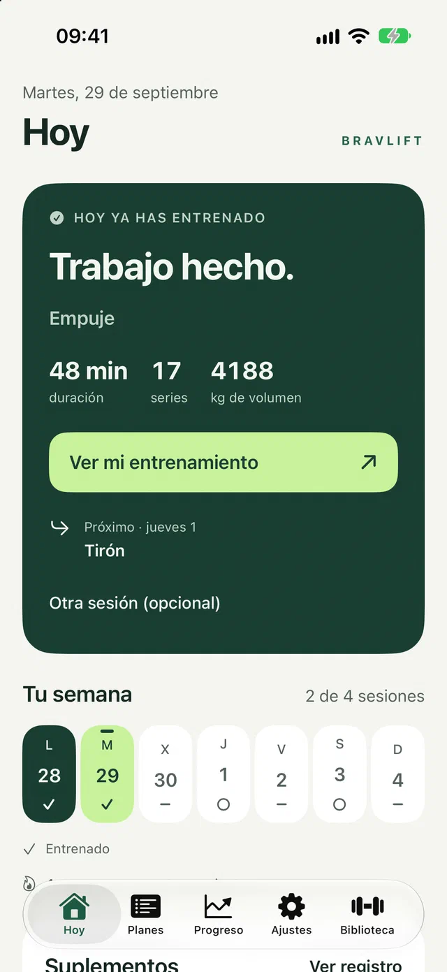 La pantalla Hoy después de entrenar: trabajo hecho, con 48 minutos, 17 series y 4.188 kilos de volumen.
