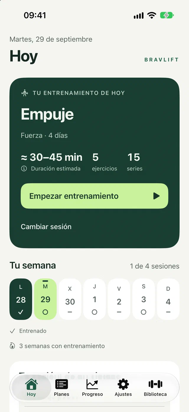 La pantalla Hoy, con el entrenamiento de empuje listo para empezar y la semana a la vista.