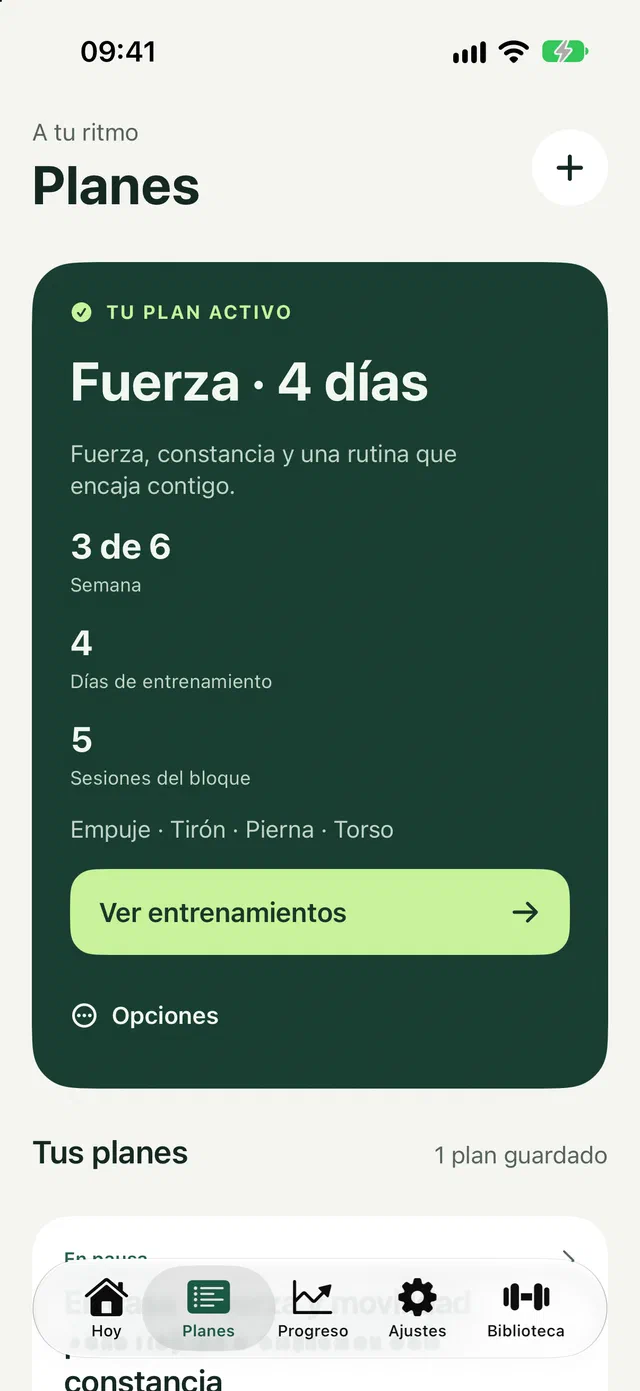 Tu plan activo, Fuerza en 4 días: empuje, tirón, pierna y torso.